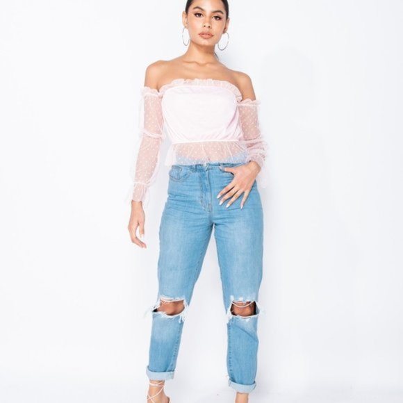 Blue High Waist Distressed Ripped Cuffed Boyfriend Jeans Denim Pants - Picture 4 of 16